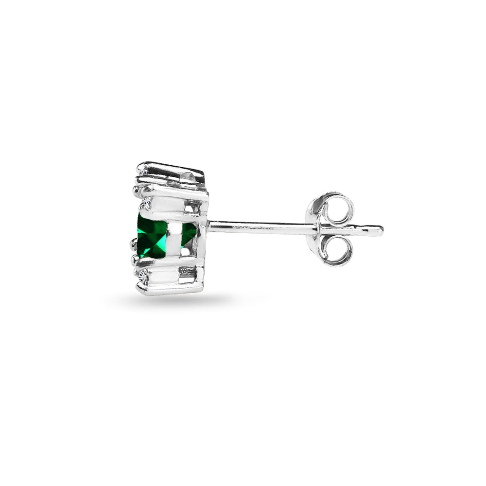 Sterling Silver Created Emerald & White Topaz Studded Solitaire Stud Earrings-3