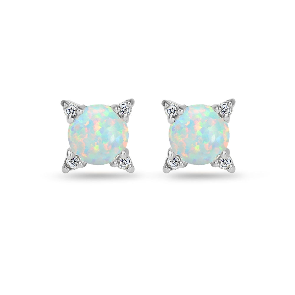 Sterling Silver Created Opal & White Topaz Studded Solitaire Stud Earrings