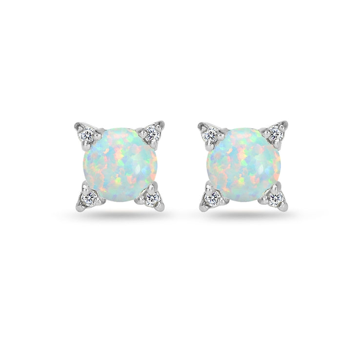 Sterling Silver Created Opal & White Topaz Studded Solitaire Stud Earrings