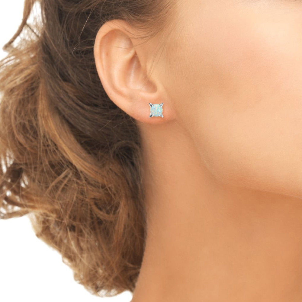 Sterling Silver Created Opal & White Topaz Studded Solitaire Stud Earrings-2