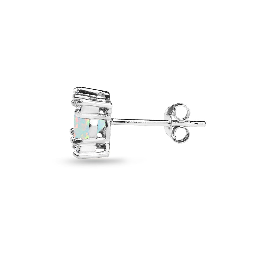 Sterling Silver Created Opal & White Topaz Studded Solitaire Stud Earrings-3