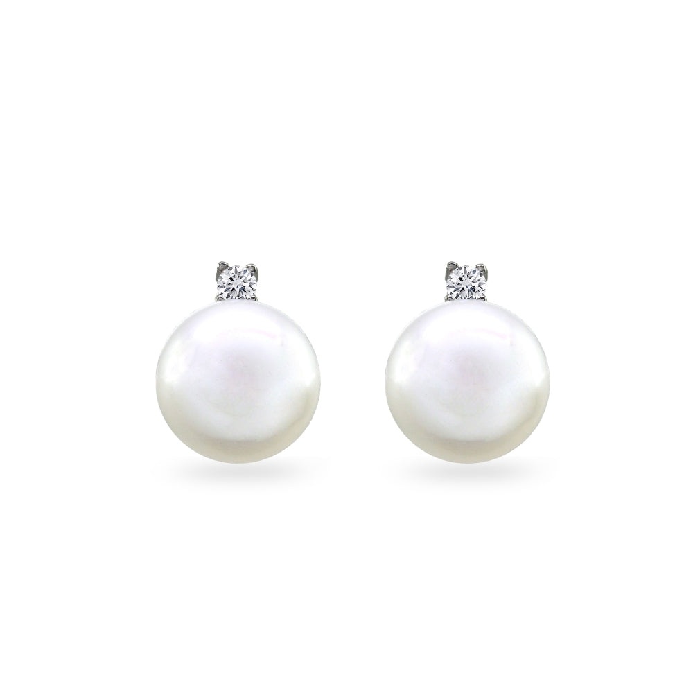 Sterling Silver Created White Pearl Drop Stud Earrings with CZ Accents