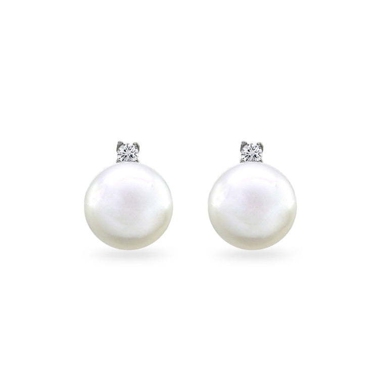 Sterling Silver Created White Pearl Drop Stud Earrings with CZ Accents