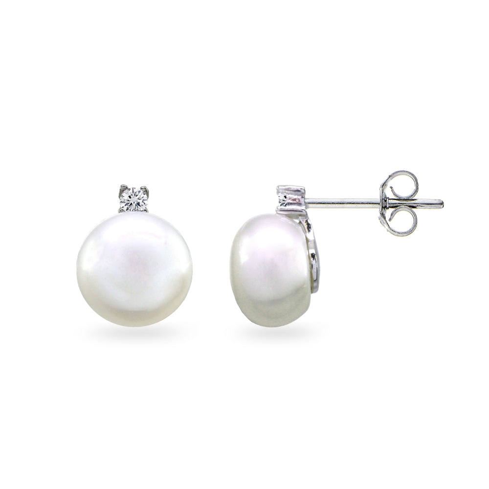 Sterling Silver Created White Pearl Drop Stud Earrings with CZ Accents-2