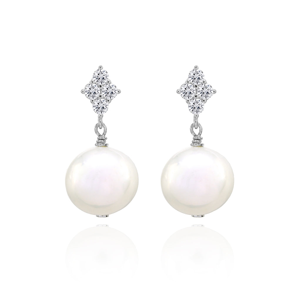 Sterling Silver Created White Pearl Dangle Earrings with CZ Accents