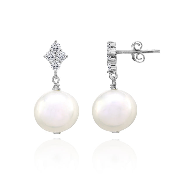 Sterling Silver Created White Pearl Dangle Earrings with CZ Accents
