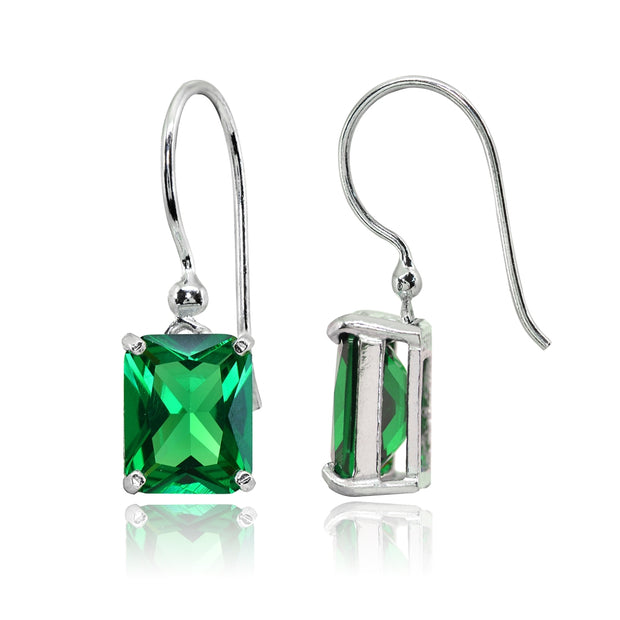 Sterling Silver Simulated Emerald Octagon-Cut Solitaire Drop Dangle Earrings