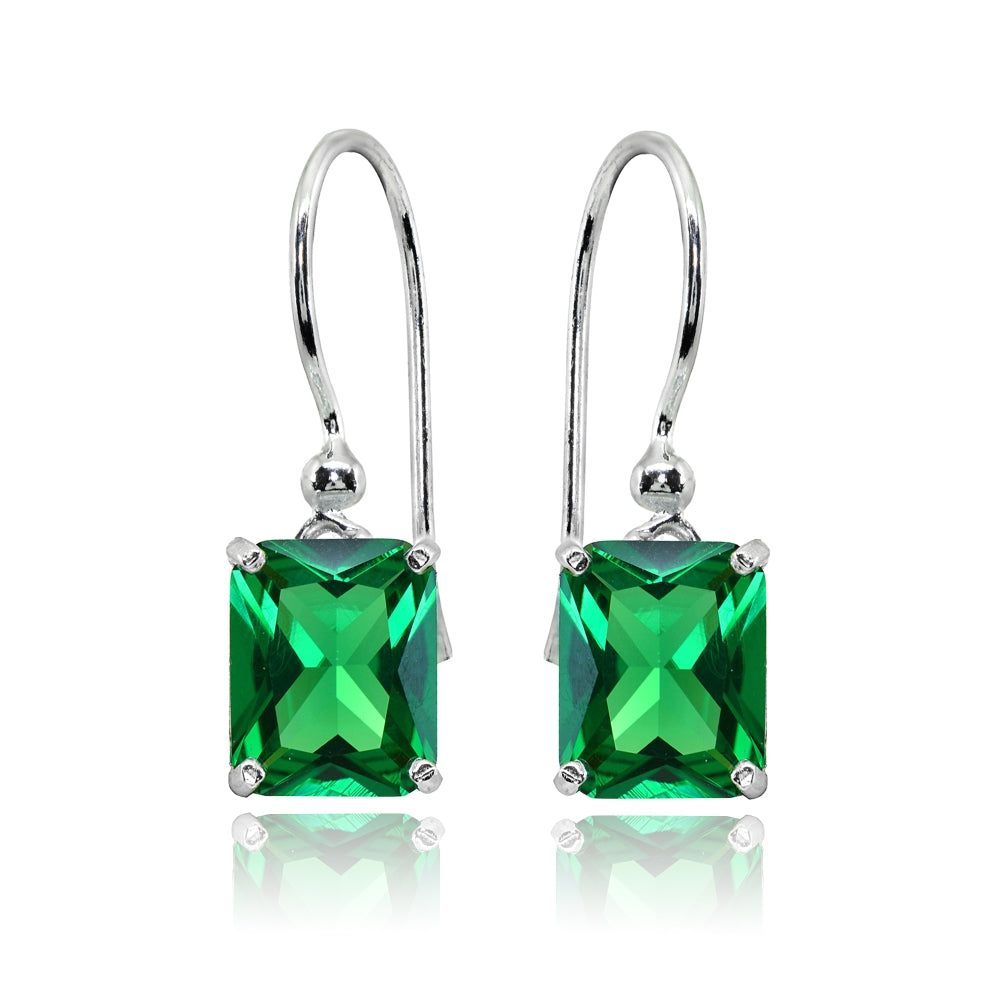 Sterling Silver Simulated Emerald Octagon-Cut Solitaire Drop Dangle Earrings-3