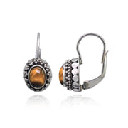 Sterling Silver Created Tiger's Eye Thick Oxidized Bali Bead Leverback Earrings