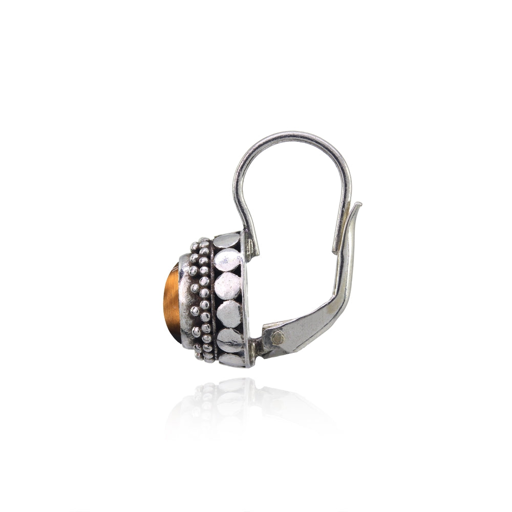 Sterling Silver Created Tiger's Eye Thick Oxidized Bali Bead Leverback Earrings-2
