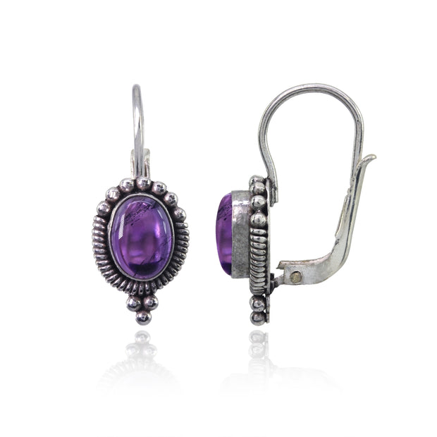 Sterling Silver Created Cabochon Amethyst Oval Bali Beaded Leverback Earrings