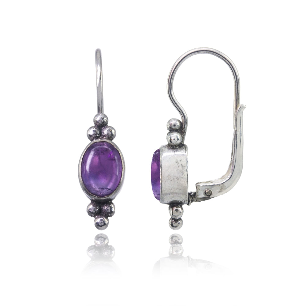 Sterling Silver Created Cabochon Amethyst Oval Bezel-Set Bali Bead Leverback Earrings