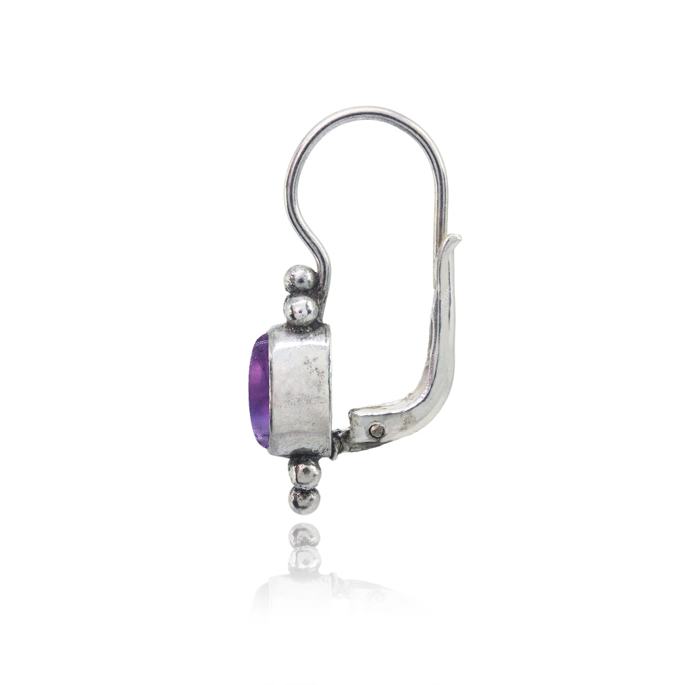 Sterling Silver Created Cabochon Amethyst Oval Bezel-Set Bali Bead Leverback Earrings-2