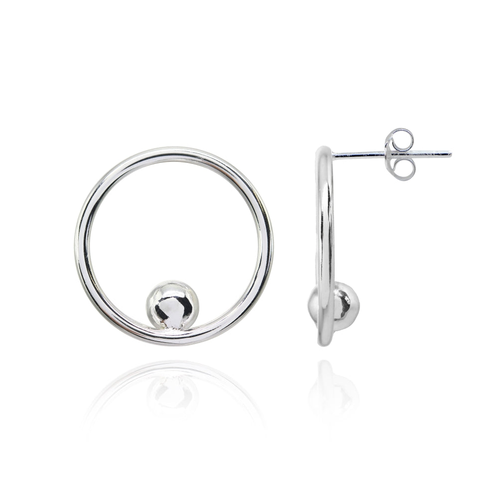 Sterling Silver Polished Open Circle Beaded Frontal Hoop Stud Earrings
