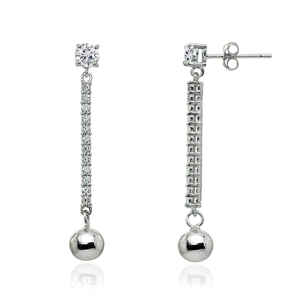 Sterling Silver Cubic Zirconia Round Long Dangling Bar Bead Drop Stud Earrings