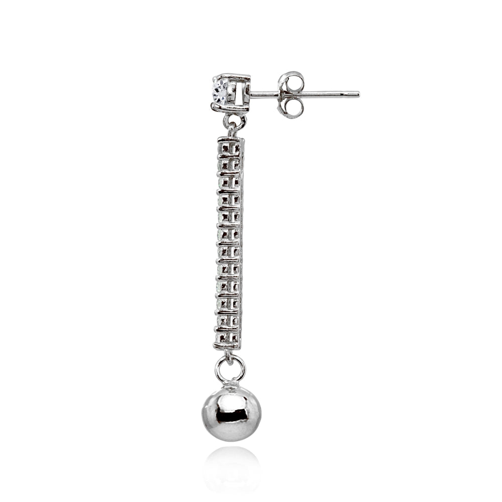 Sterling Silver Cubic Zirconia Round Long Dangling Bar Bead Drop Stud Earrings-2