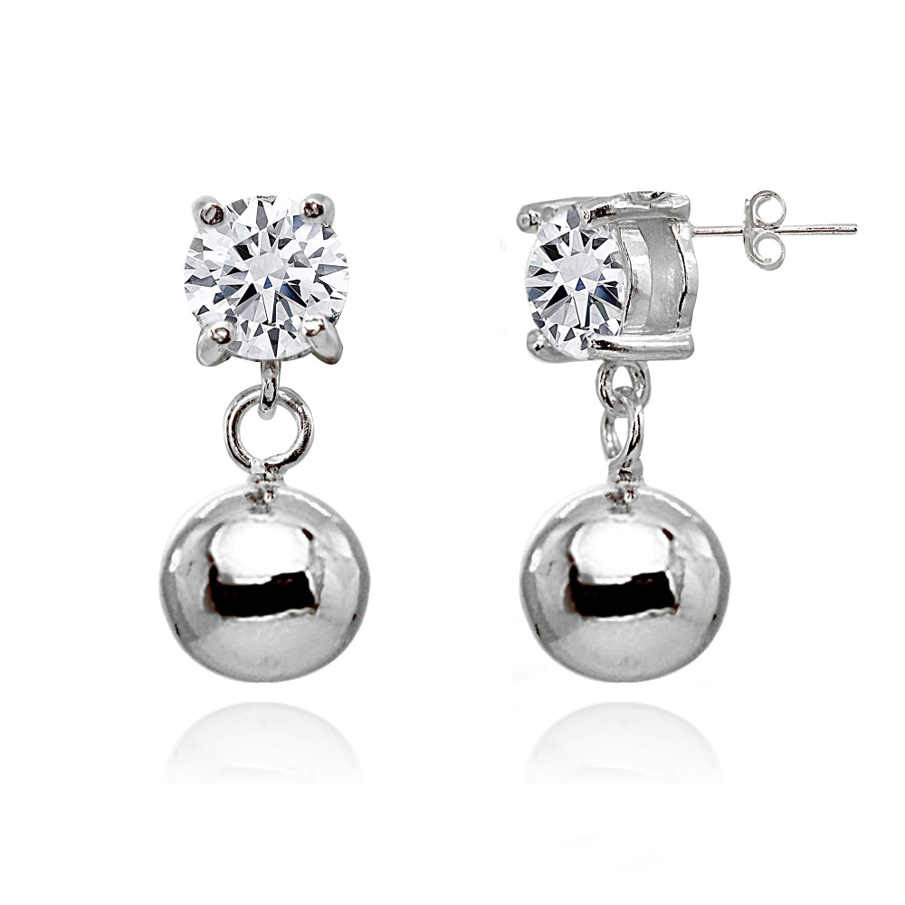 Sterling Silver Cubic Zirconia 4mm Dangling Round Bead Stud Earrings