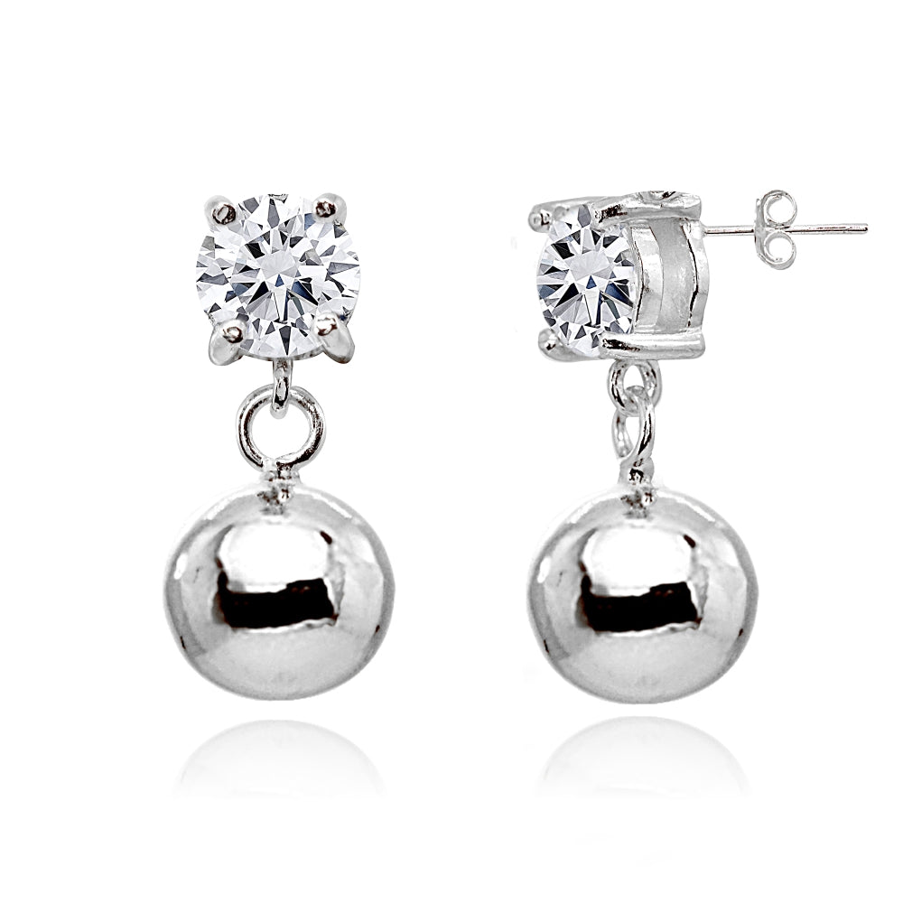 Sterling Silver Cubic Zirconia 5mm Dangling Round Bead Stud Earrings