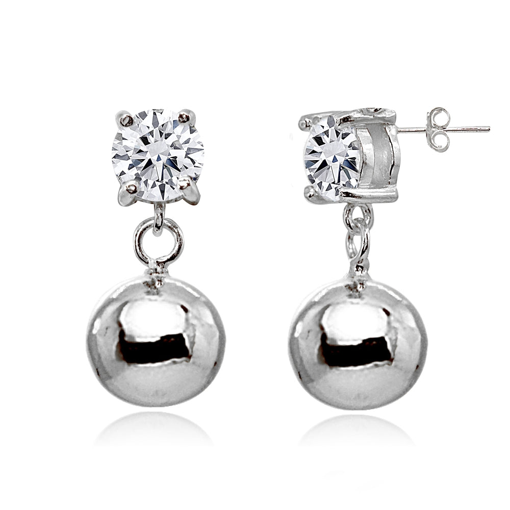 Sterling Silver Cubic Zirconia 6mm Dangling Round Bead Stud Earrings