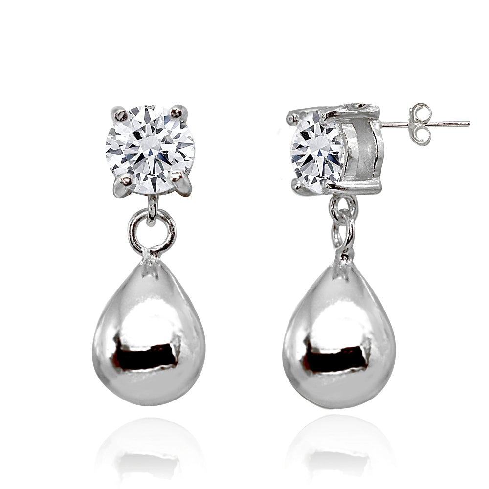 Sterling Silver Cubic Zirconia 6mm Dangling Pear-Shape Bead Stud Earrings