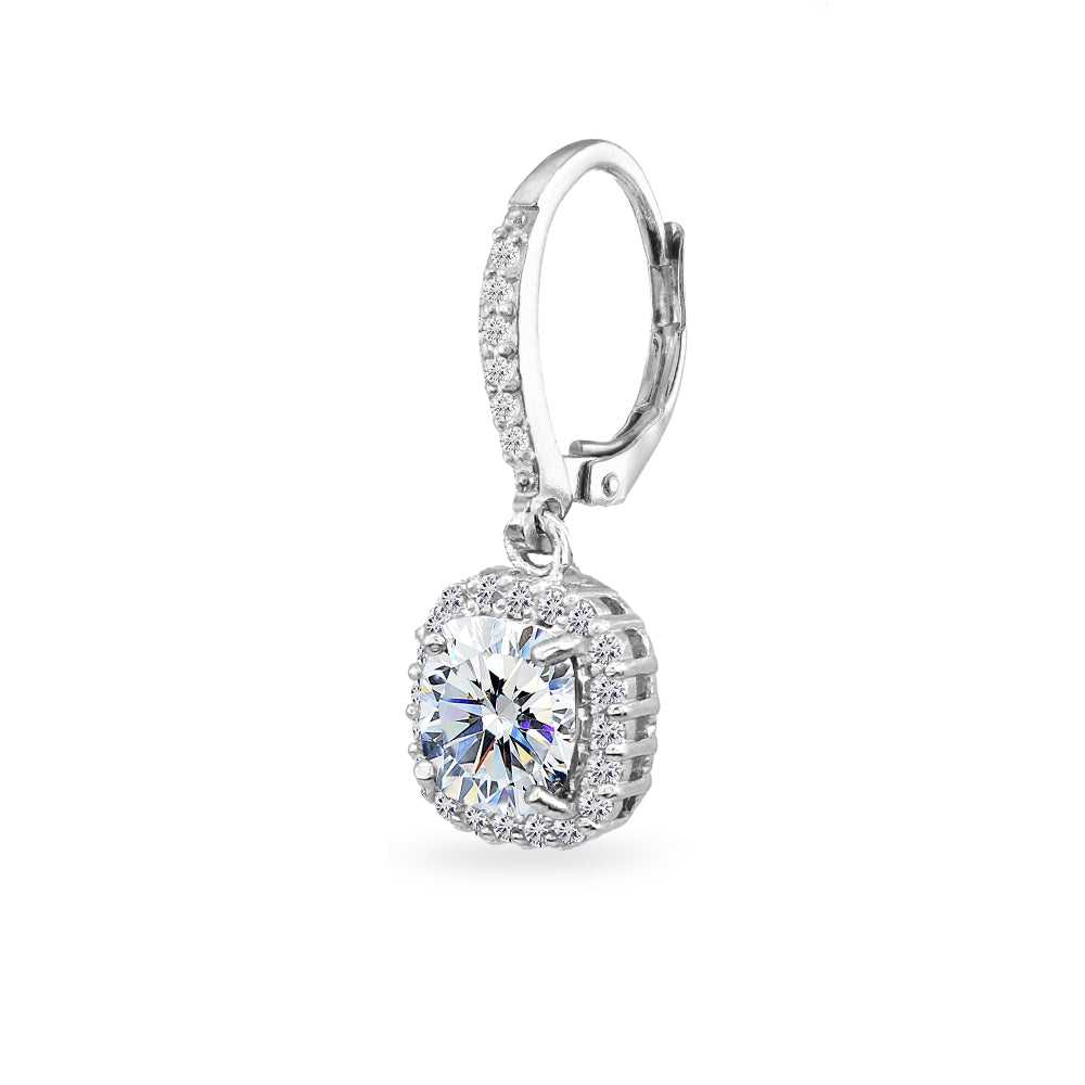 Sterling Silver Cushion-Cut Dangle Halo Leverback Earrings Made with Swarovski Zirconia-2