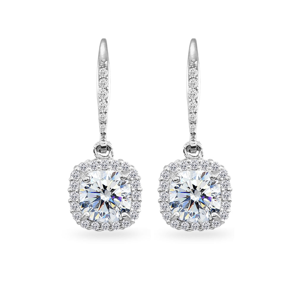 Sterling Silver Cushion-Cut Dangle Halo Leverback Earrings Made with Swarovski Zirconia-3