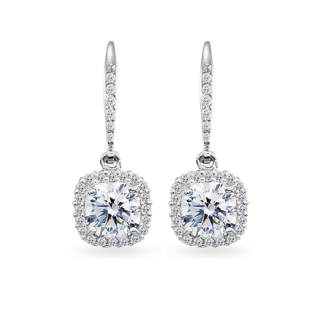 Sterling Silver Cushion-Cut Dangle Halo Leverback Earrings Made with Swarovski Zirconia