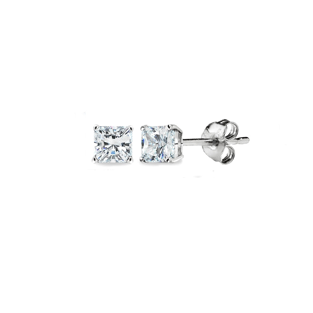 Sterling Silver AAA Cubic Zirconia 3x3mm Princess-Cut Square Stud Earrings