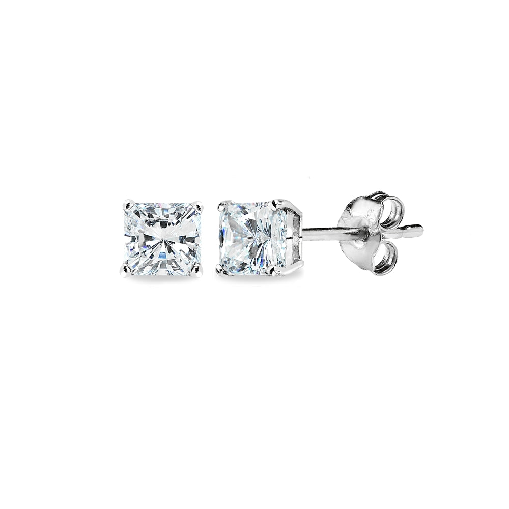 Sterling Silver AAA Cubic Zirconia 4x4mm Princess-Cut Square Stud Earrings
