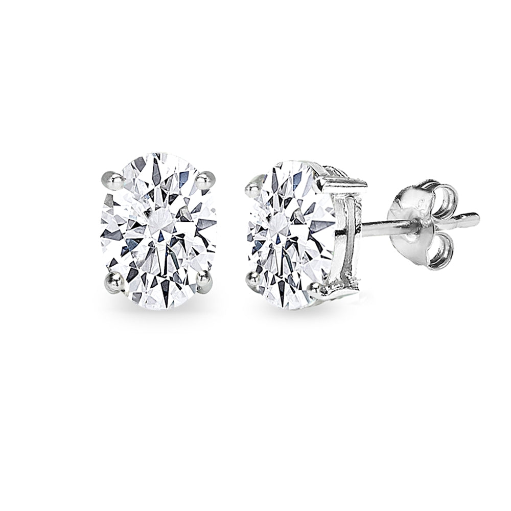 Sterling Silver AAA Cubic Zirconia 8x6mm Oval-Cut Stud Earrings