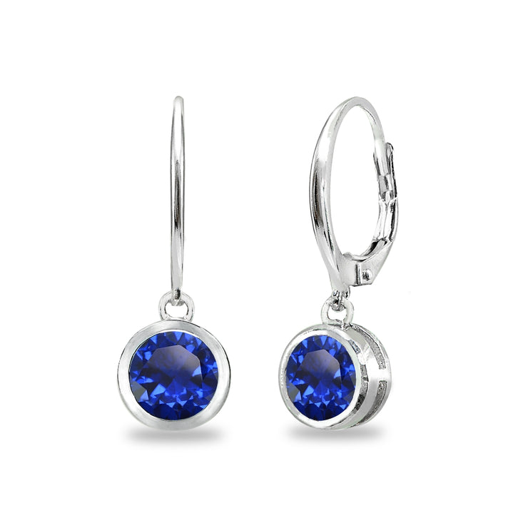 Sterling Silver Created Blue Sapphire 6mm Round Bezel-Set Dangle Leverback Earrings