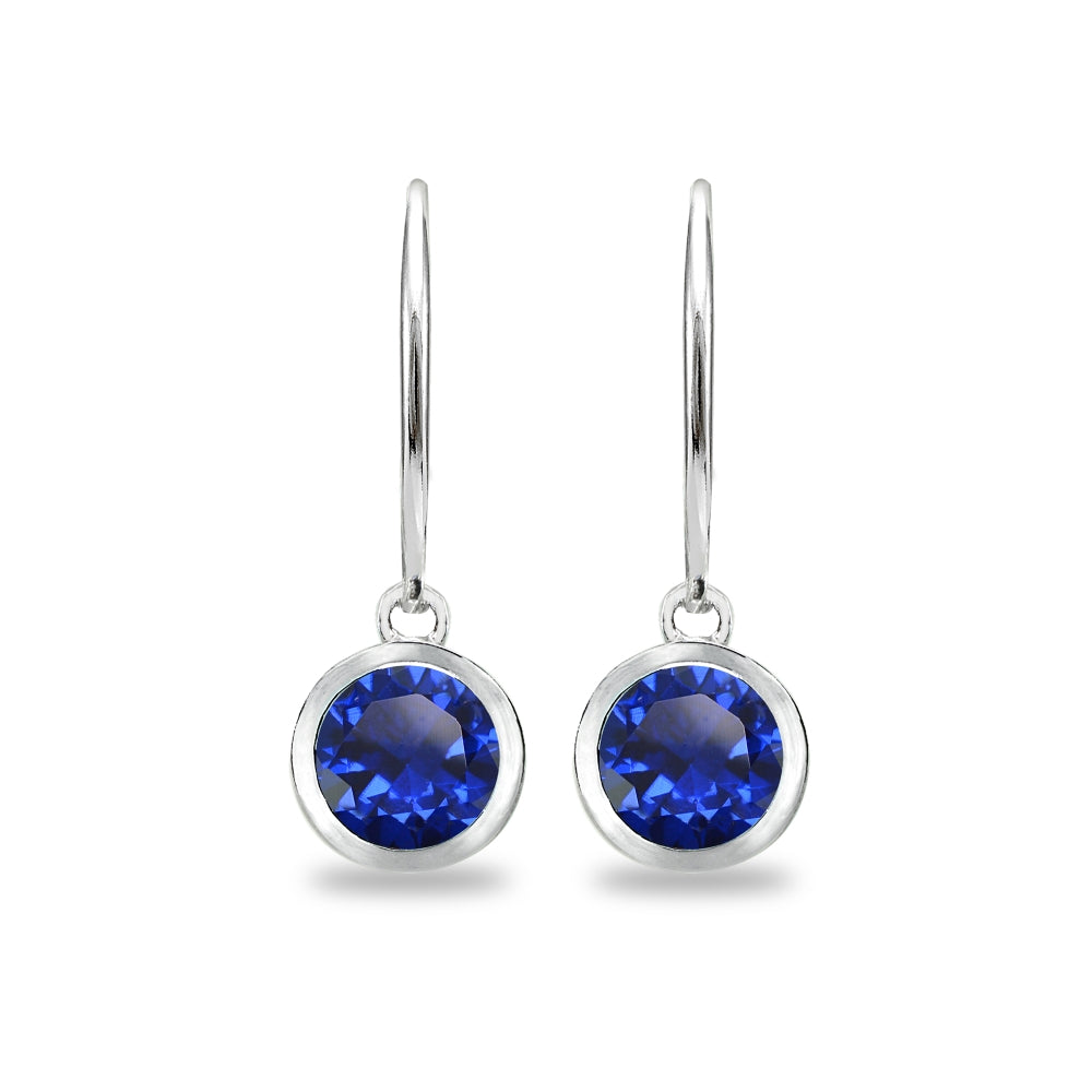 Sterling Silver Created Blue Sapphire 6mm Round Bezel-Set Dangle Leverback Earrings-2