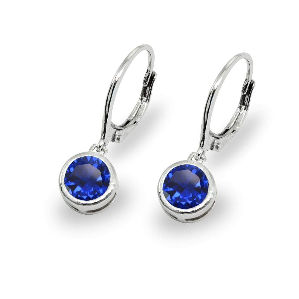 Sterling Silver Created Blue Sapphire 6mm Round Bezel-Set Dangle Leverback Earrings-3