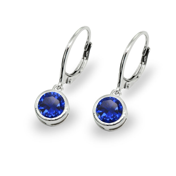 Sterling Silver Created Blue Sapphire 6mm Round Bezel-Set Dangle Leverback Earrings