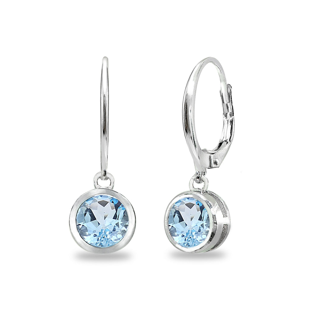 Sterling Silver Blue Topaz 6mm Round Bezel-Set Dangle Leverback Earrings