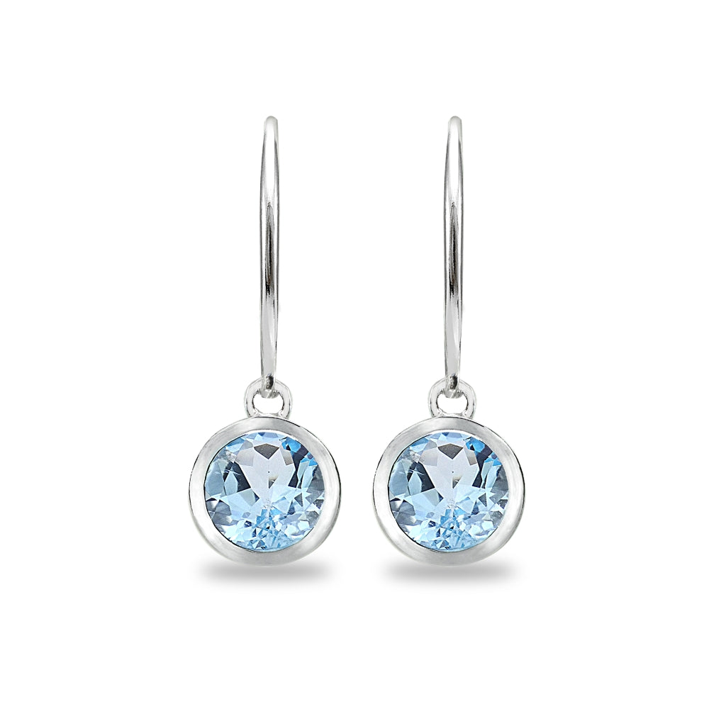 Sterling Silver Blue Topaz 6mm Round Bezel-Set Dangle Leverback Earrings-2