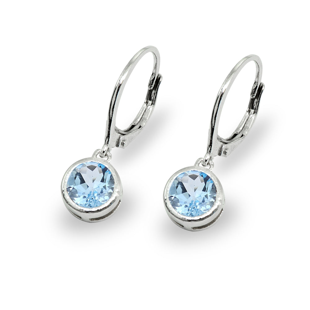 Sterling Silver Blue Topaz 6mm Round Bezel-Set Dangle Leverback Earrings-3