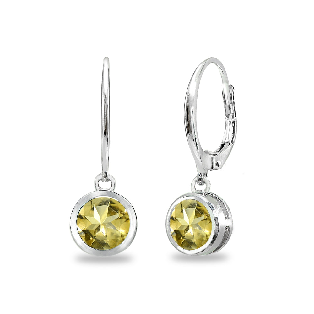 Sterling Silver Citrine 6mm Round Bezel-Set Dangle Leverback Earrings