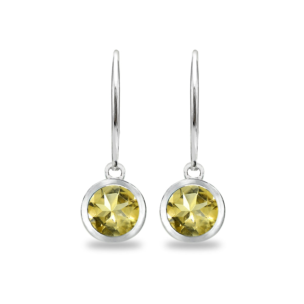 Sterling Silver Citrine 6mm Round Bezel-Set Dangle Leverback Earrings-2