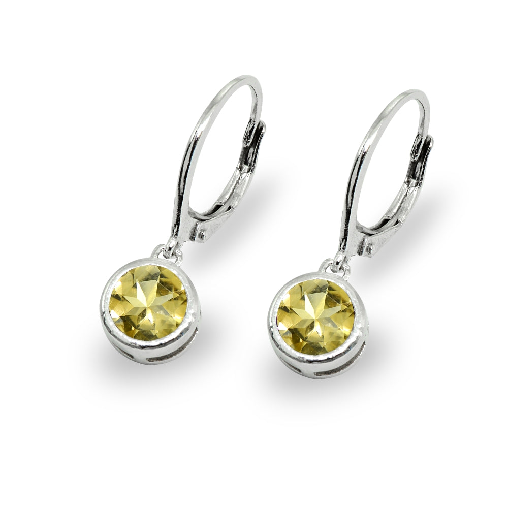 Sterling Silver Citrine 6mm Round Bezel-Set Dangle Leverback Earrings-3