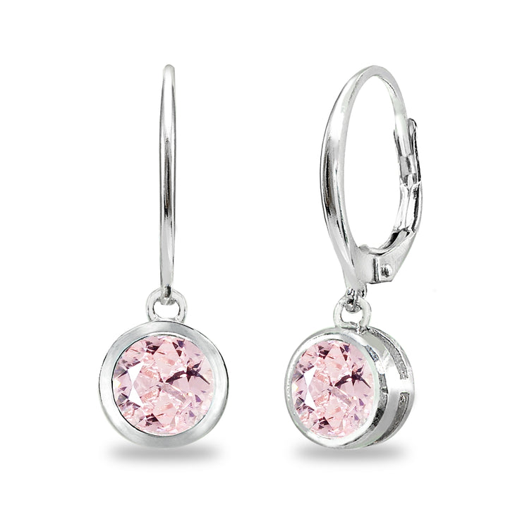 Sterling Silver Siimulated Morganite 6mm Round Bezel-Set Dangle Leverback Earrings