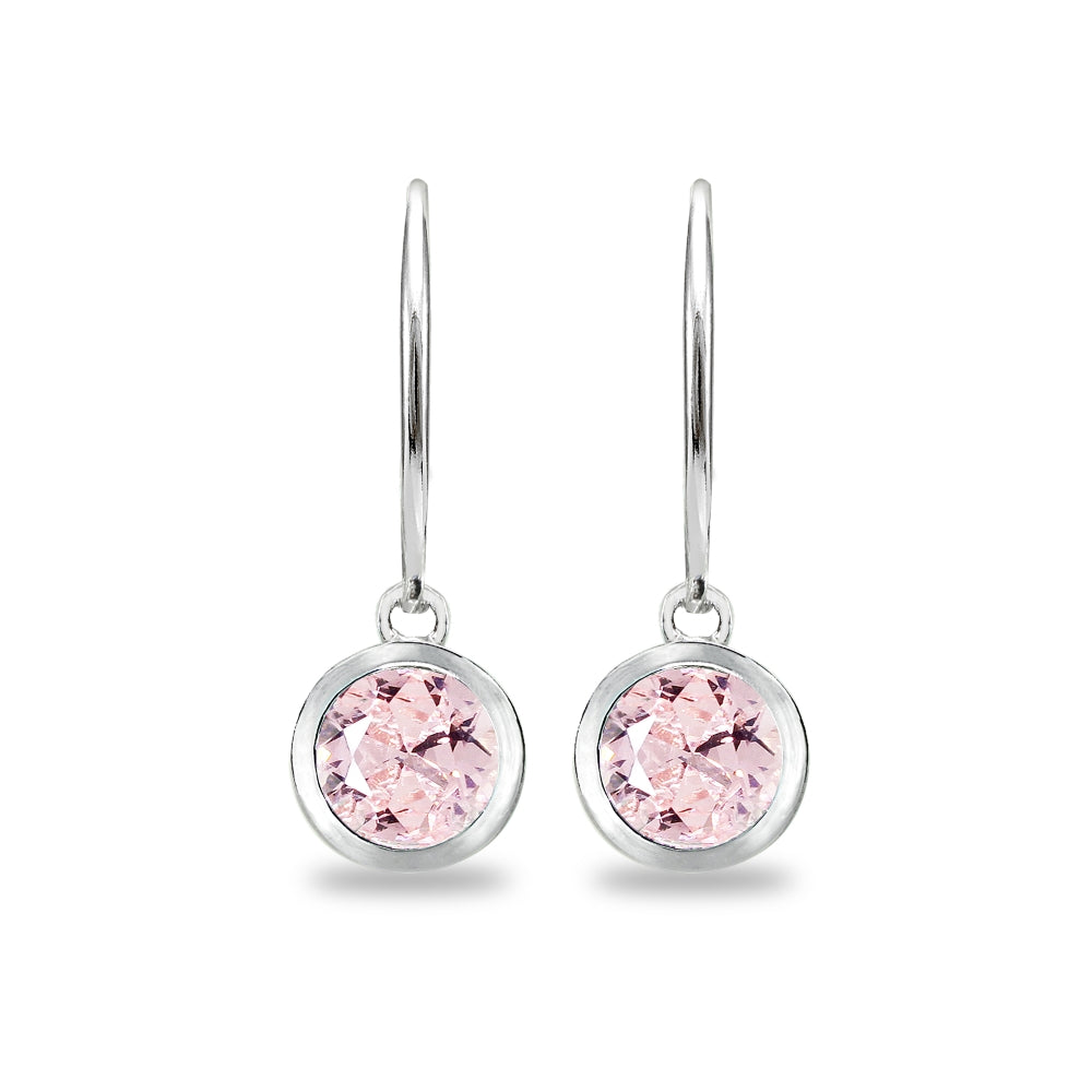 Sterling Silver Siimulated Morganite 6mm Round Bezel-Set Dangle Leverback Earrings-3