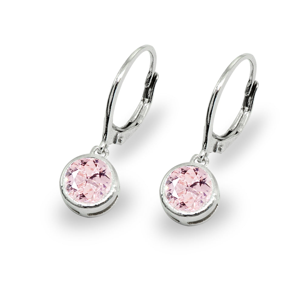Sterling Silver Siimulated Morganite 6mm Round Bezel-Set Dangle Leverback Earrings-4