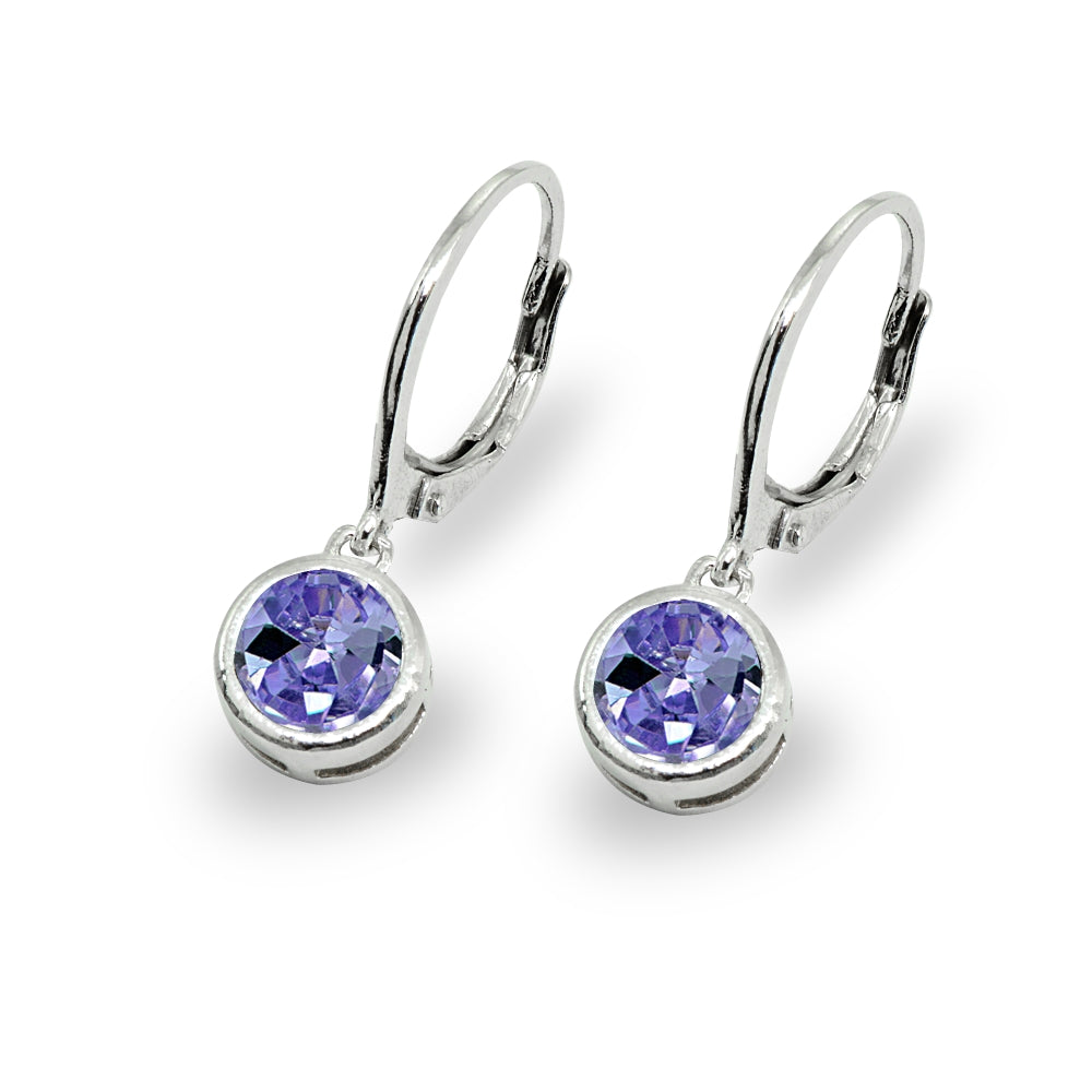 Sterling Silver Created Tanzanite 6mm Round Bezel-Set Dangle Leverback Earrings-3