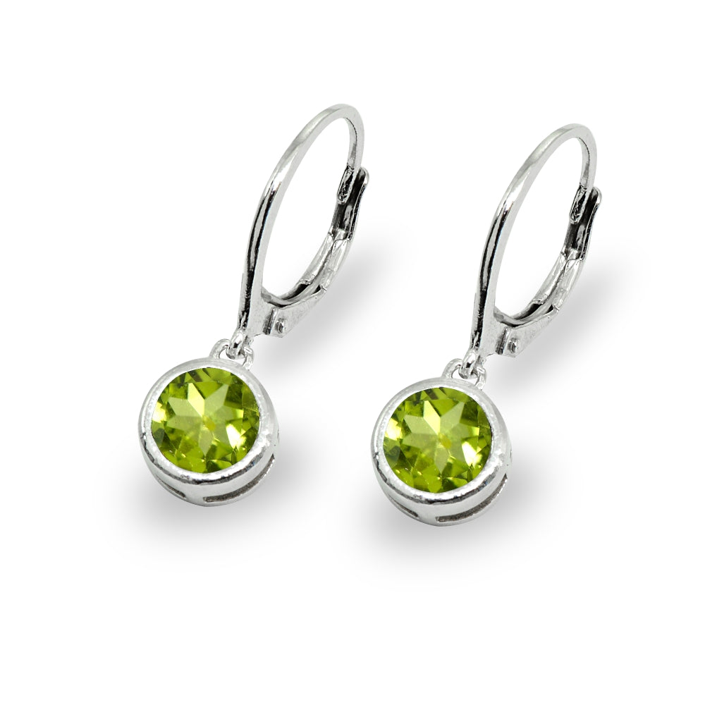 Sterling Silver Peridot 6mm Round Bezel-Set Dangle Leverback Earrings-3