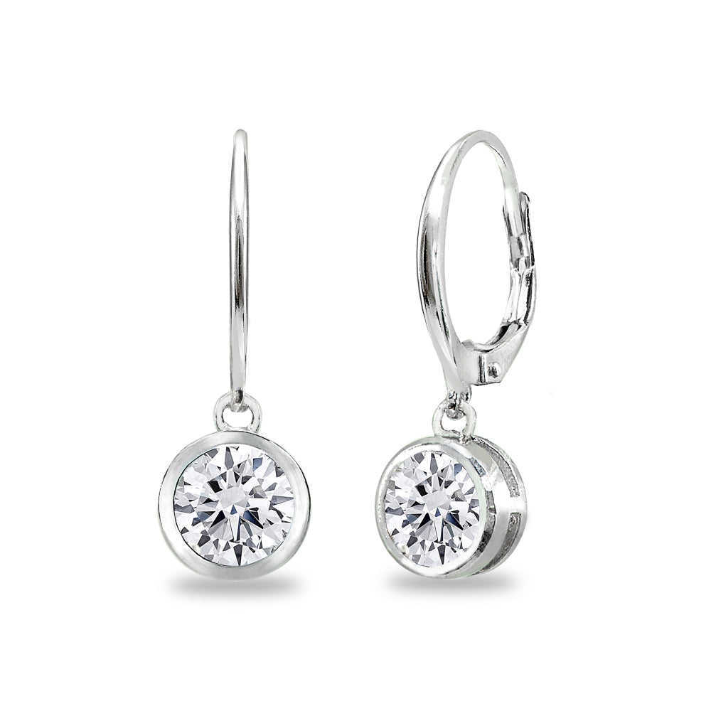 Sterling Silver Cubic Zirconia 6mm Round Bezel-Set Dangle Leverback Earrings