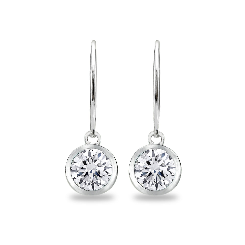 Sterling Silver Cubic Zirconia 6mm Round Bezel-Set Dangle Leverback Earrings-2