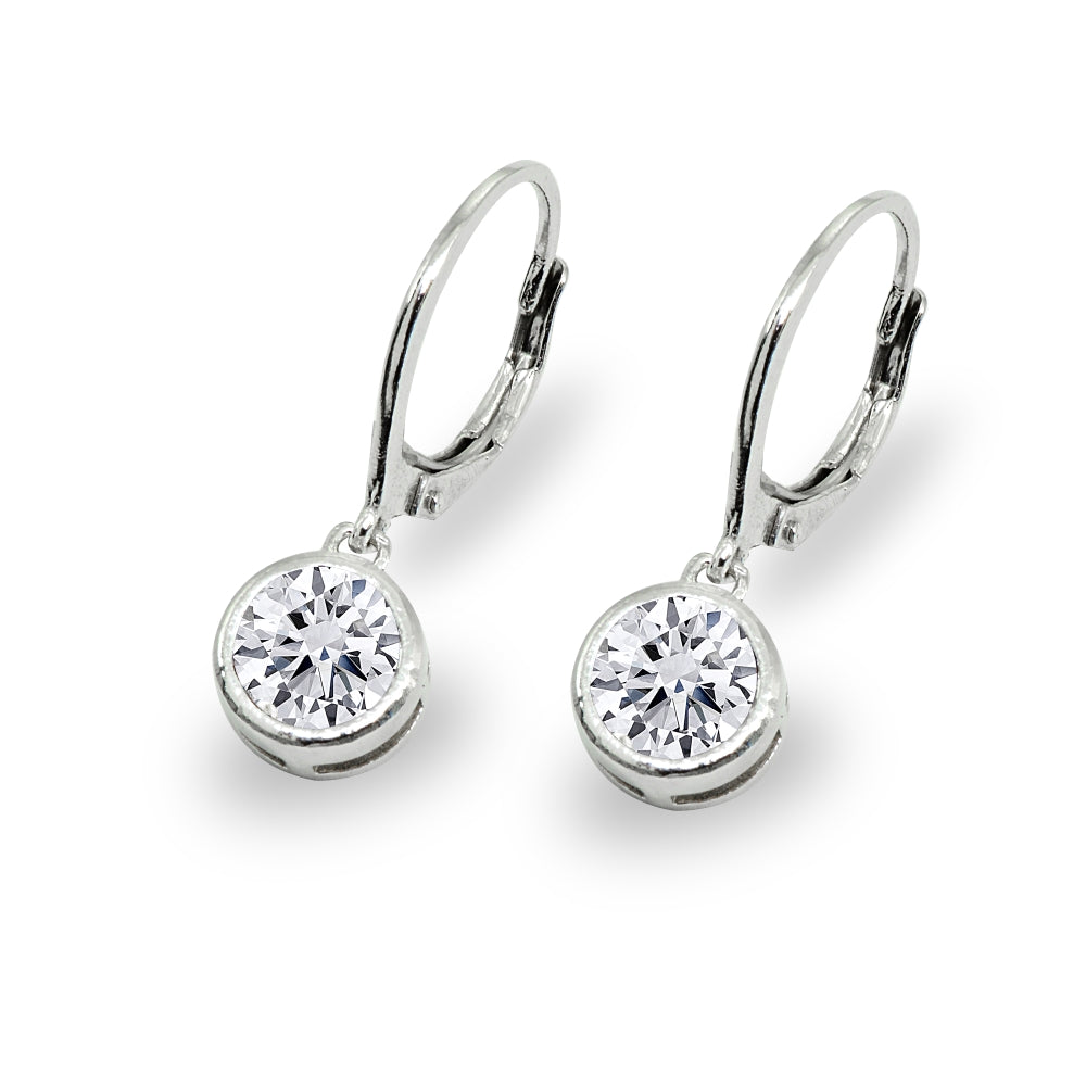 Sterling Silver Cubic Zirconia 6mm Round Bezel-Set Dangle Leverback Earrings-3