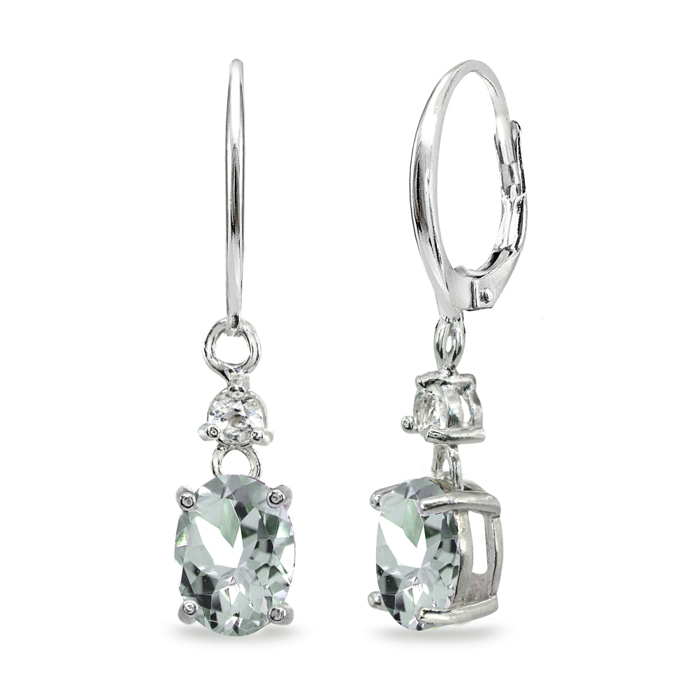 Sterling Silver Light Aqumarine & White Topaz 8x6mm Oval Dangle Leverback Earrings