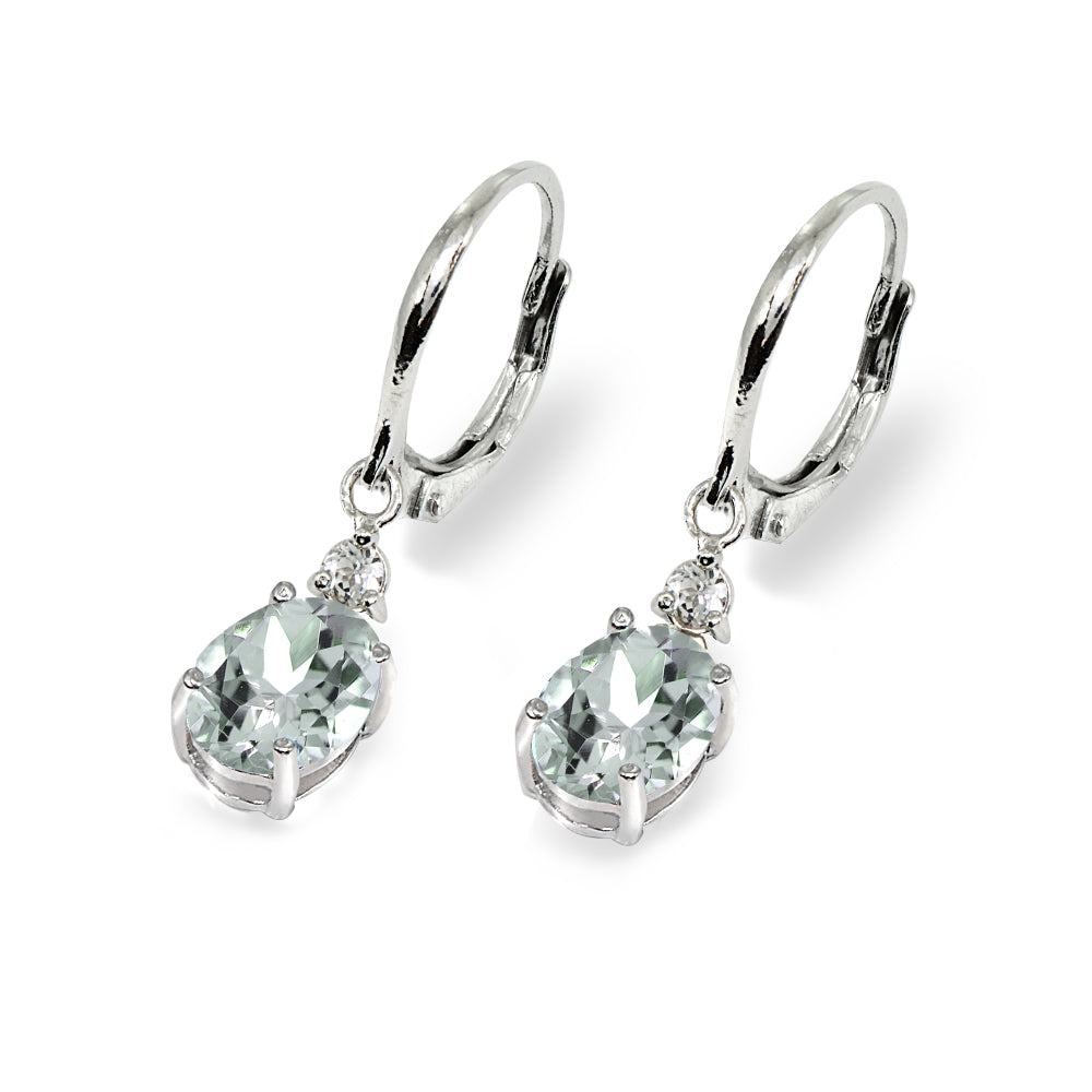 Sterling Silver Light Aqumarine & White Topaz 8x6mm Oval Dangle Leverback Earrings-3